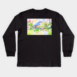 Bird on a Branch Impressionist Painting Kids Long Sleeve T-Shirt